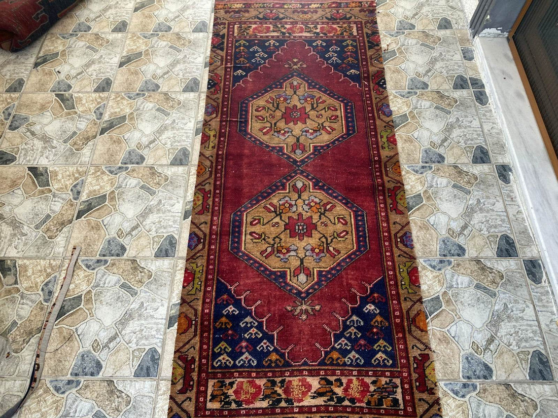 Vintage Anatolian Area Rug | 2.9x7.7 ft Handwoven Wool Antique Farmhouse Carpet