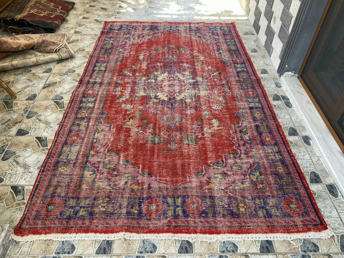 Vintage Hand-Knotted Wool Rug | 6.0 x 9.8 ft Anatolian Area Carpet Faded Tribal