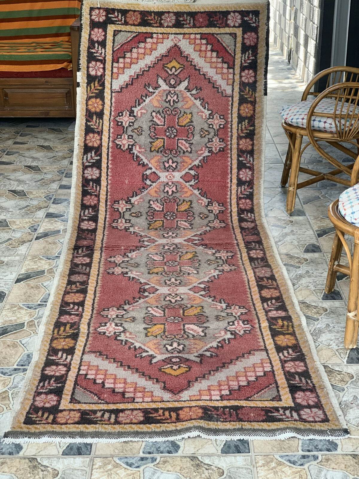 Vintage Turkish Rug | Tribal Handmade Wool Farmhouse Antique Carpet 3.2x 9.1 ft
