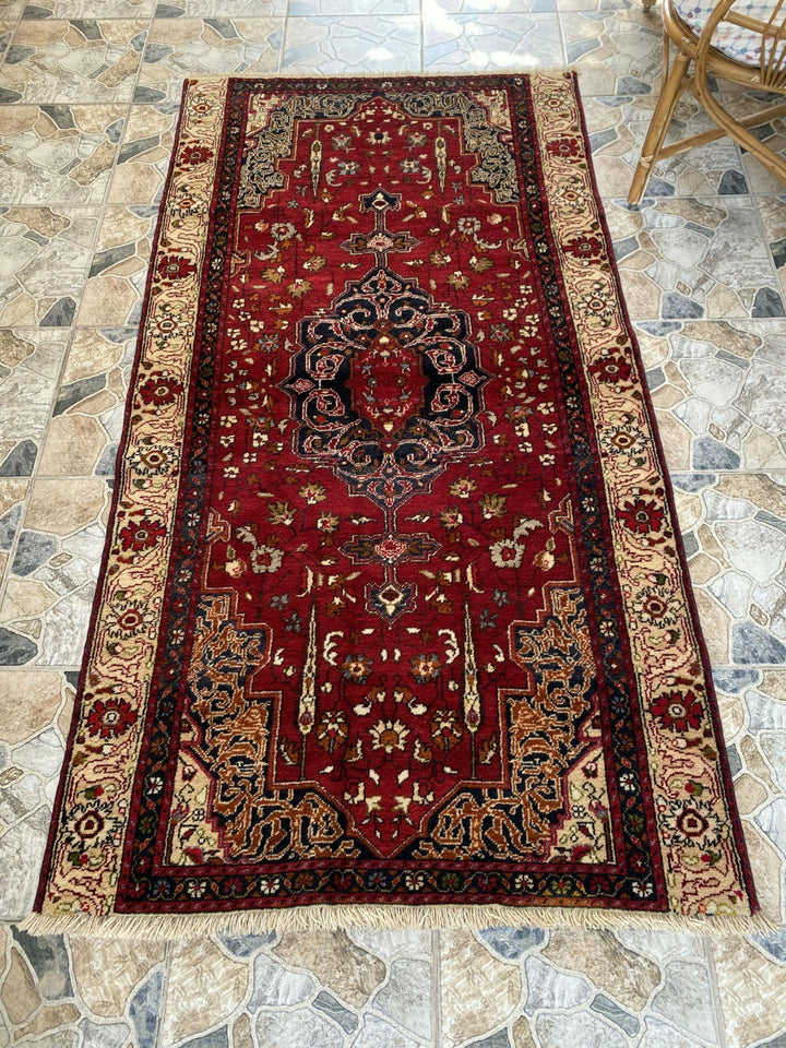 Vintage Turkish Area Rug | 4.1 x 7.8 ft | Red Tribal Farmhouse Geometric Carpet