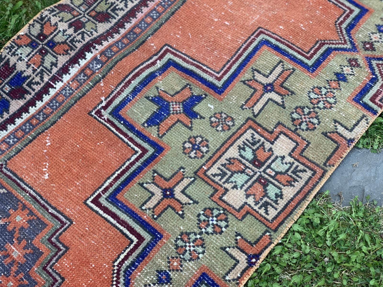 Turkish Vintage Oushak Rug, Wool Handmade Farmhouse Geometric Runner 2.5x8.2 ft