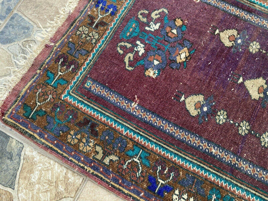 Vintage Turkish Handmade Wool Prayer Rug | Geometric Anatolian Oushak Carpet 2x4