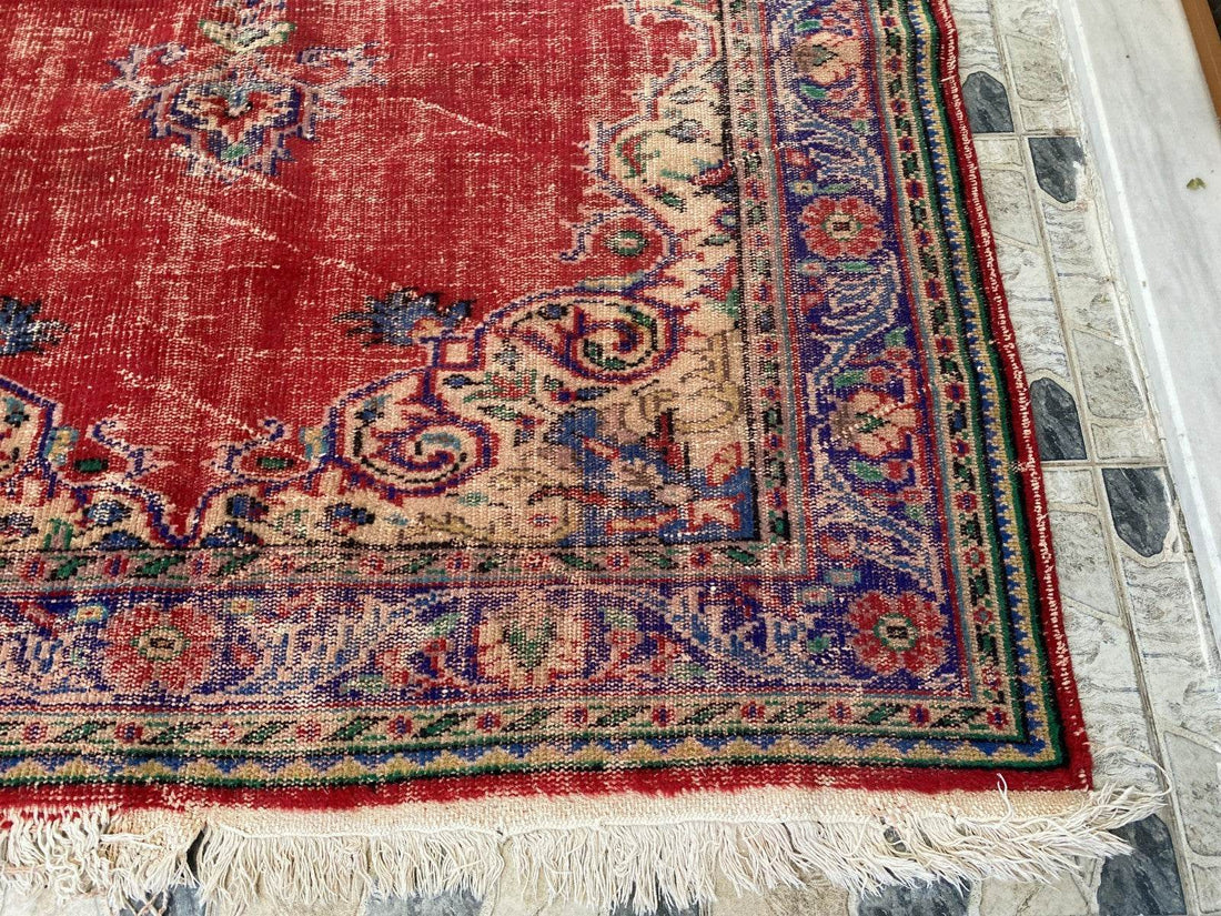 Vintage Anatolian Area Rug | 6.1 x 9.8 ft Hand-Knotted Wool Faded Rustic Carpet