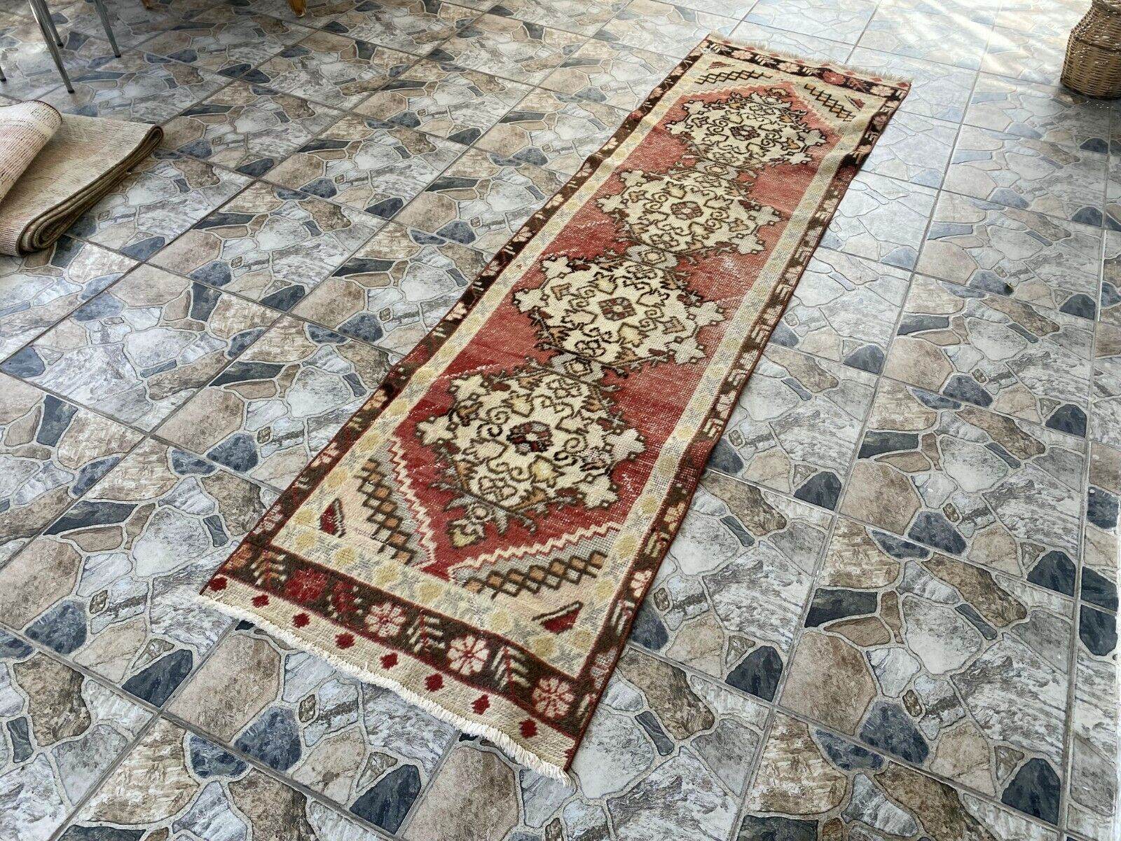 Vintage Rug | Antique Wool Farmhouse Anatolian Runner Handmade Turkish 2.4x8.9ft