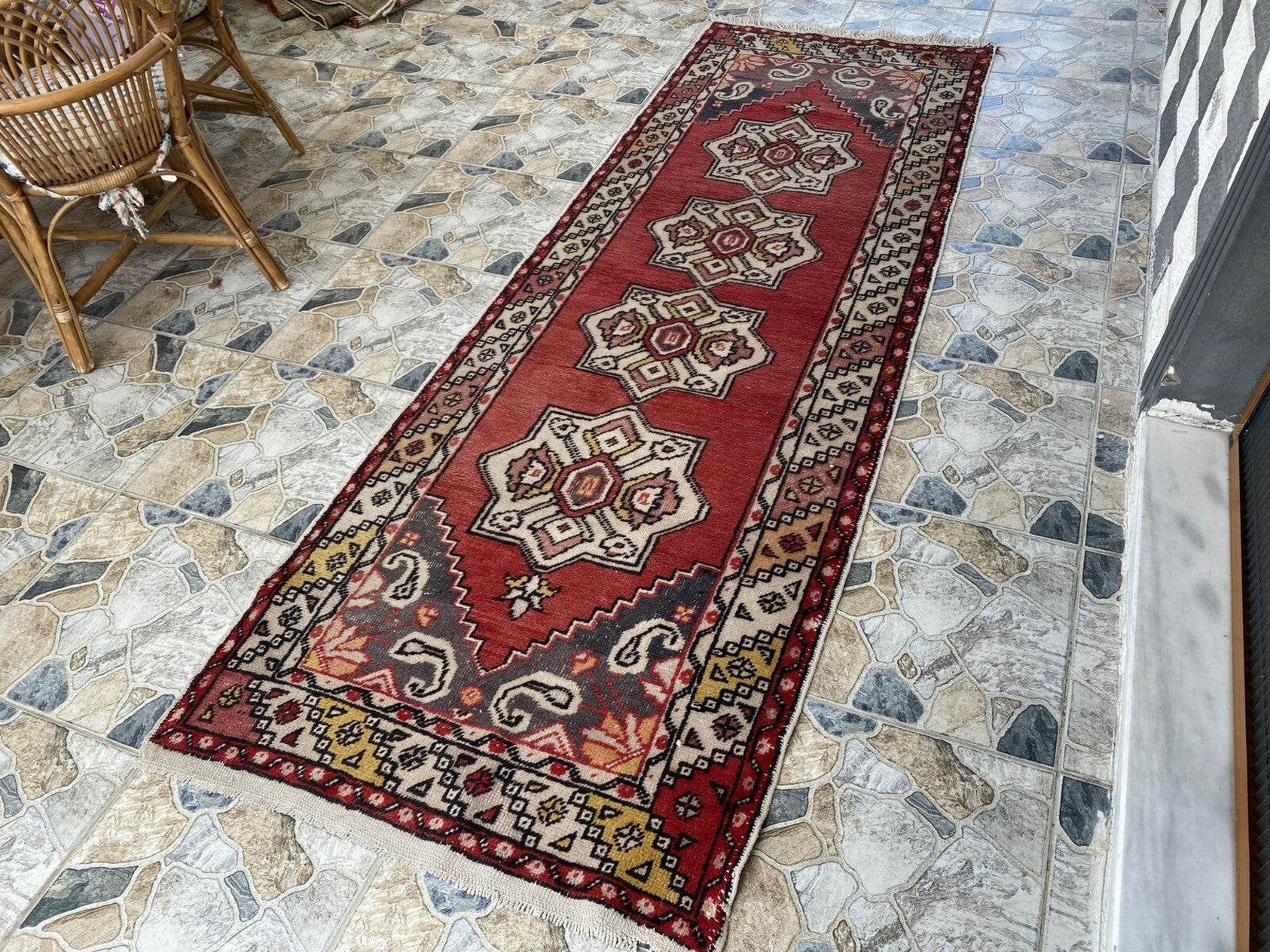 Vintage Turkish Rug | Tribal Handmade Wool Farmhouse Antique Runner 3.2ftx9.2 ft