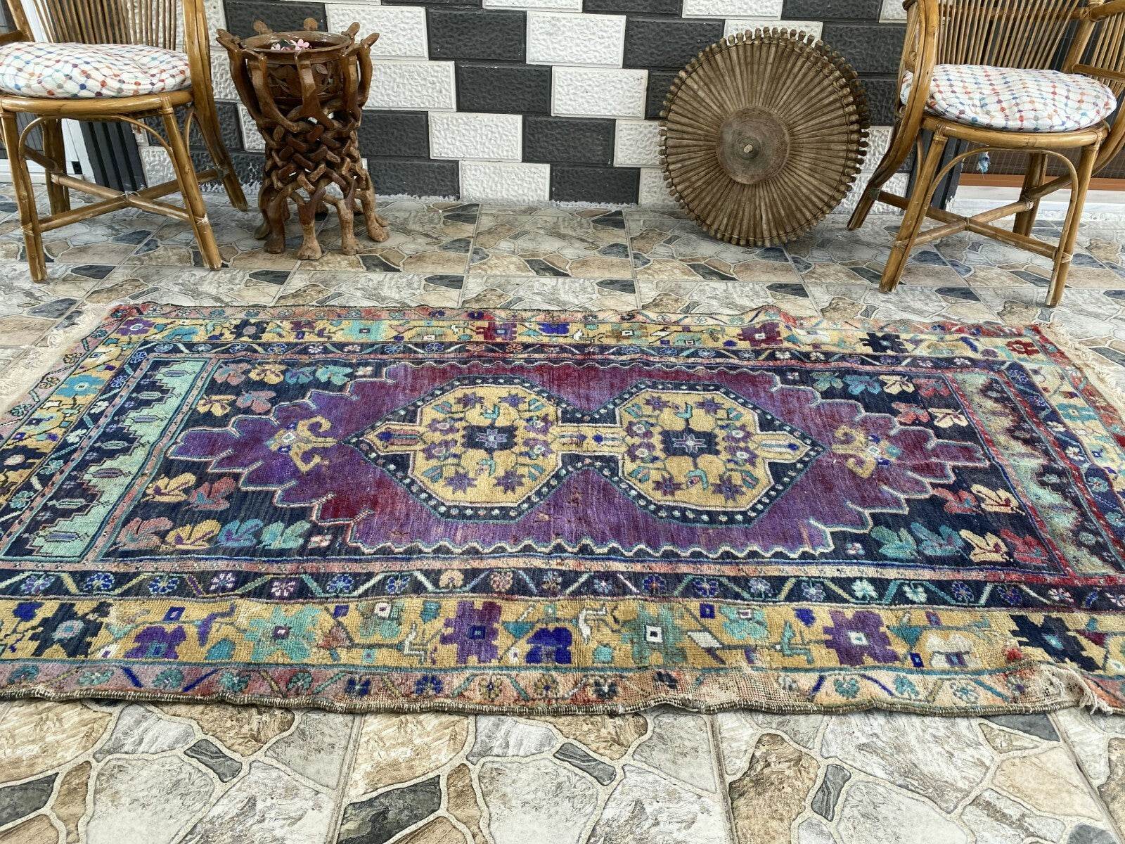 Vintage Turkish Anatolian Rug | 3.9 x 7.1 ft | Hand-Knotted Rug Wool Area Carpet