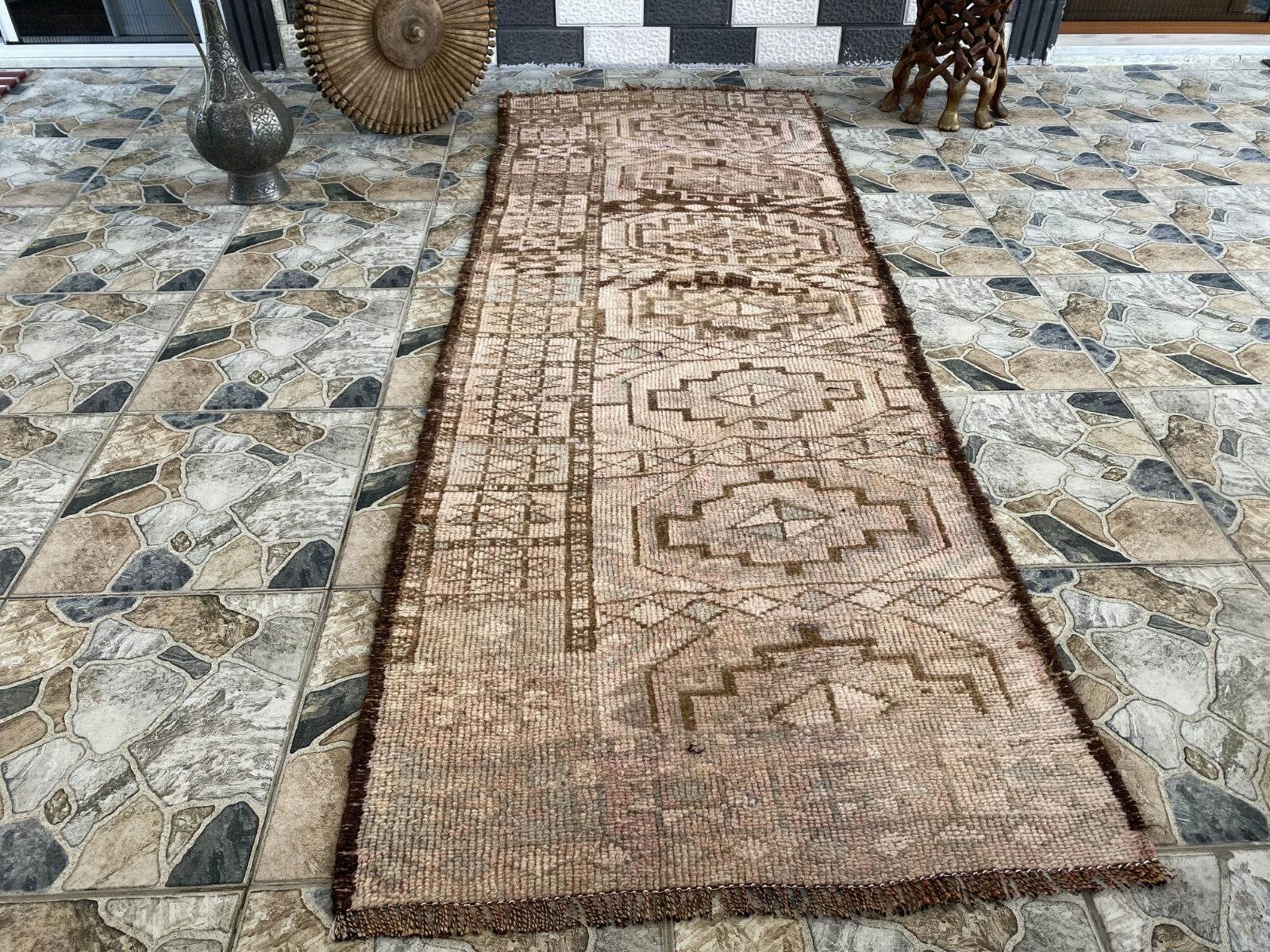 Vintage Kurdish Herki Rug | 1960s Brown Anatolian Hand-Knotted Wool Runner Rug