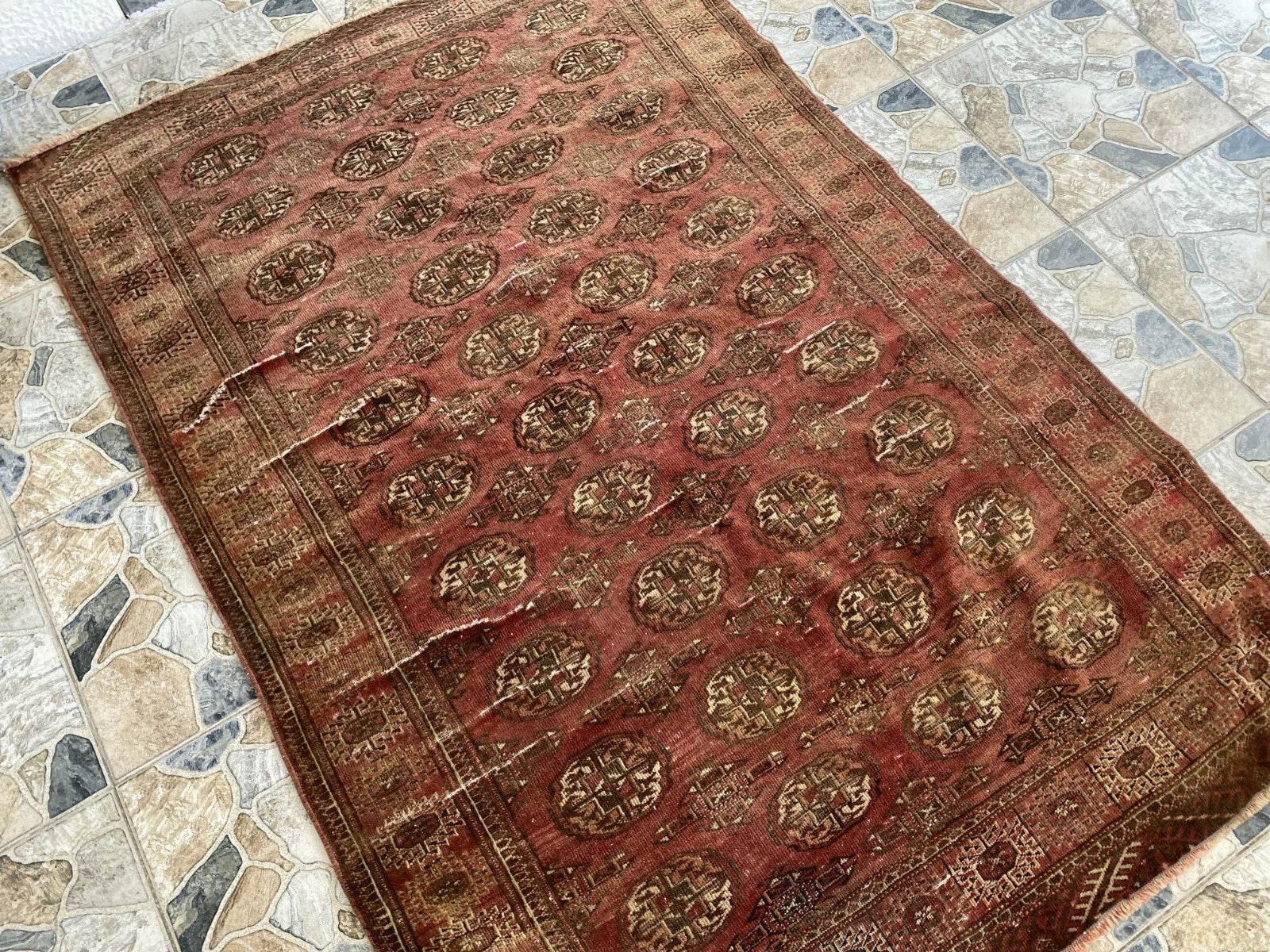 VINTAGE RUG HAND-KNOTTED Afghan Style BUKHARA handmade wool RED antique farmhouse rug