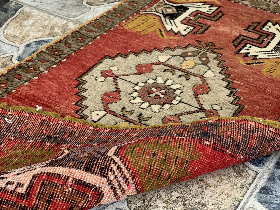 Turkish Vintage Small Oushak Rug, Wool Farmhouse Handmade Geometric Rug, 1.7x3.4