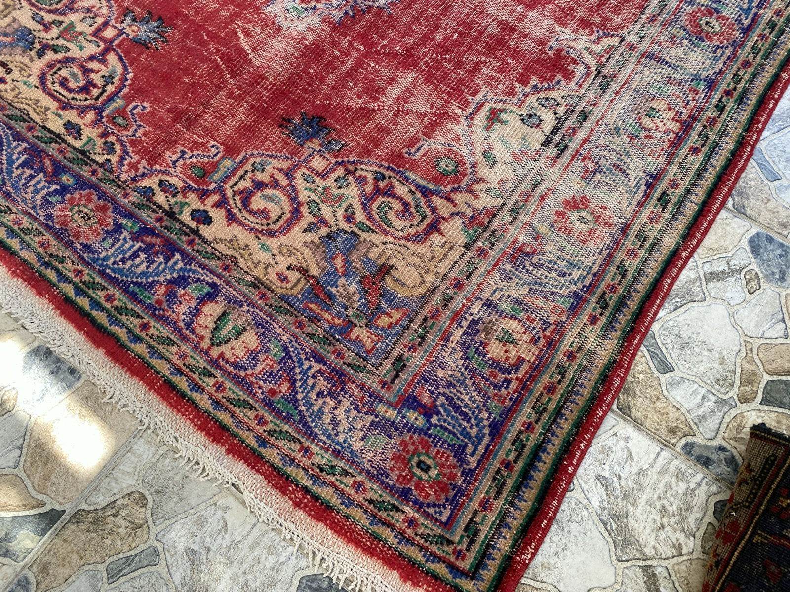 Vintage Anatolian Area Rug | 6.1 x 9.8 ft Hand-Knotted Wool Faded Rustic Carpet