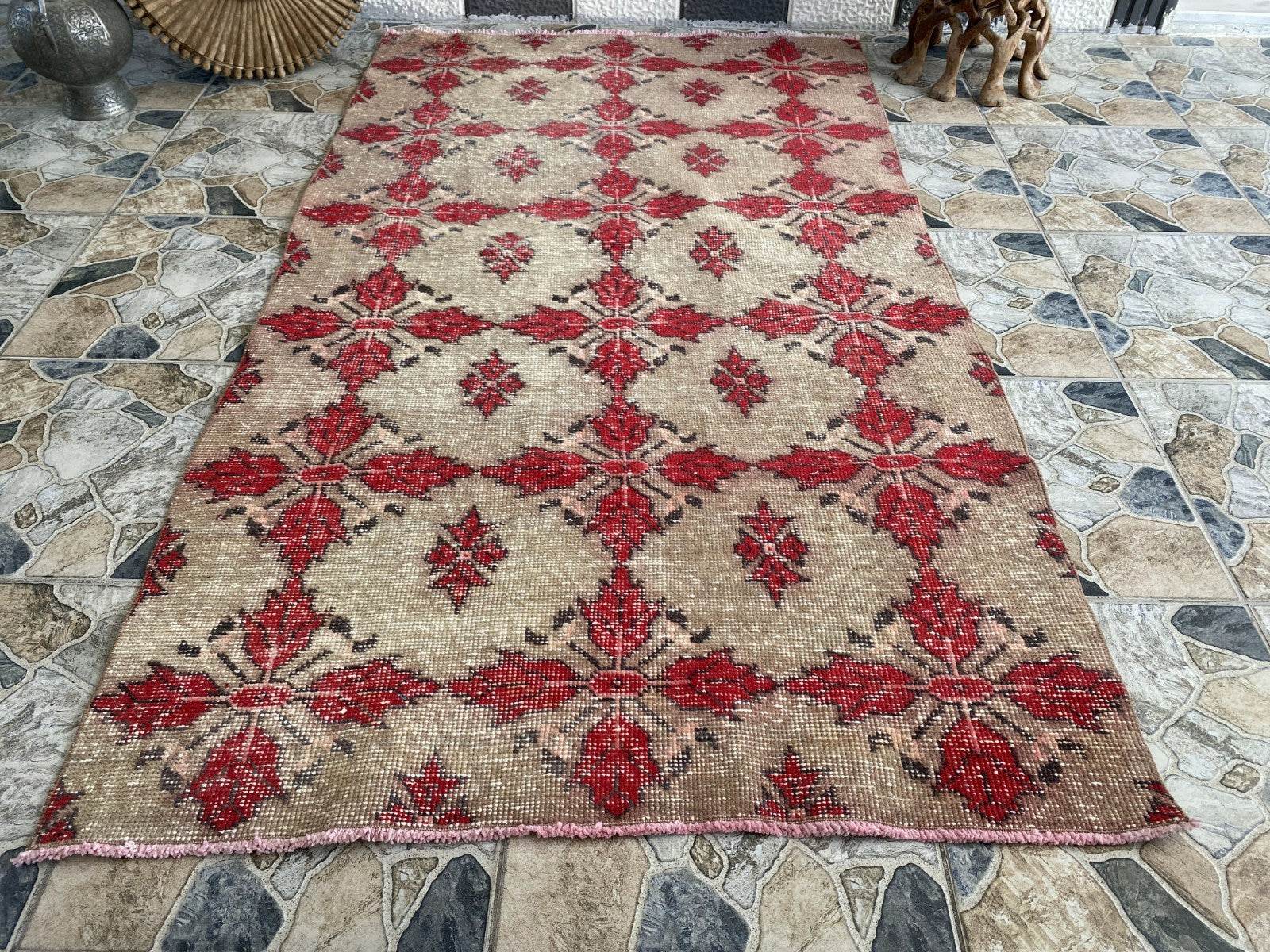 Vintage Turkish Area Rug 4x7 ft | Hand-Knotted Wool Carpet Bold Geometric Tribal