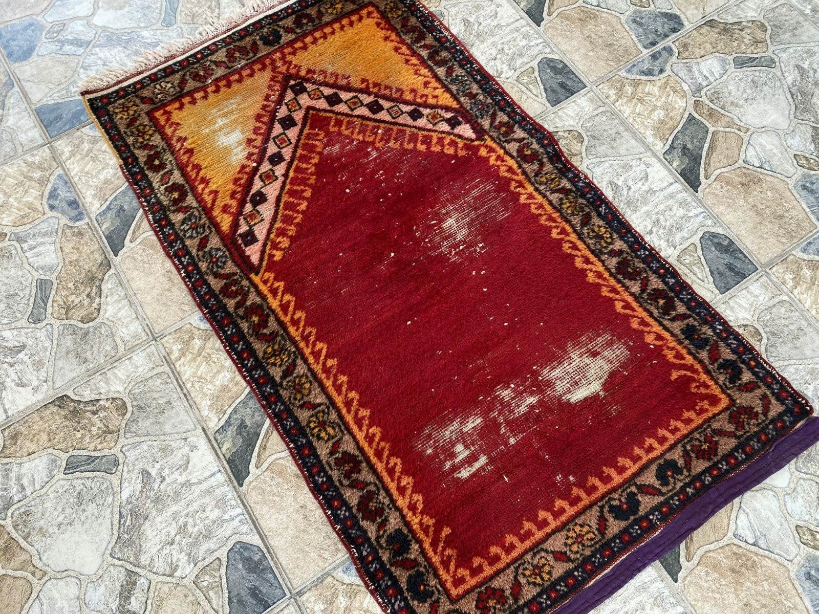 Vintage Turkish Prayer Rug, Wool Hand-Knotted Oushak Antique Farmhouse Rug 2x3