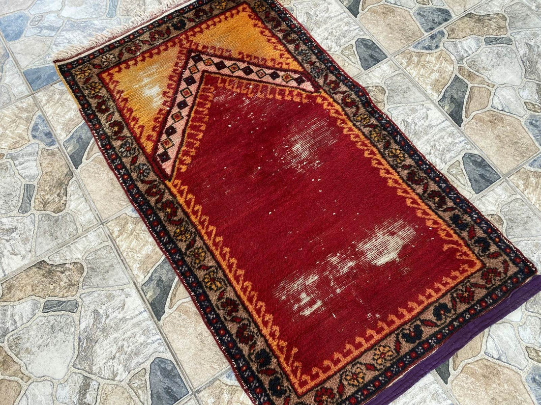 Vintage Turkish Prayer Rug, Wool Hand-Knotted Oushak Antique Farmhouse Rug 2x3