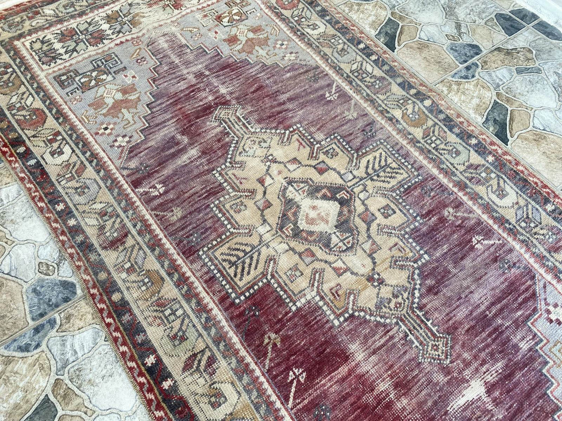 Turkish Vintage Rug Oushak Wool Geometric Handmade Antique Farmhouse 3.8x8 ft