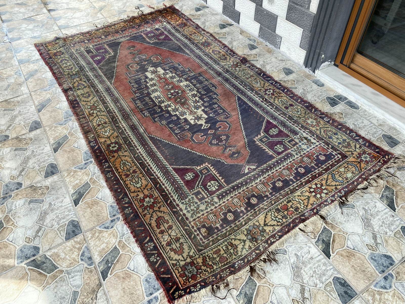 Vintage Turkish Wool Rug, Hand-Knotted Antique Geometric Oushak Area Rug 4x8 ft