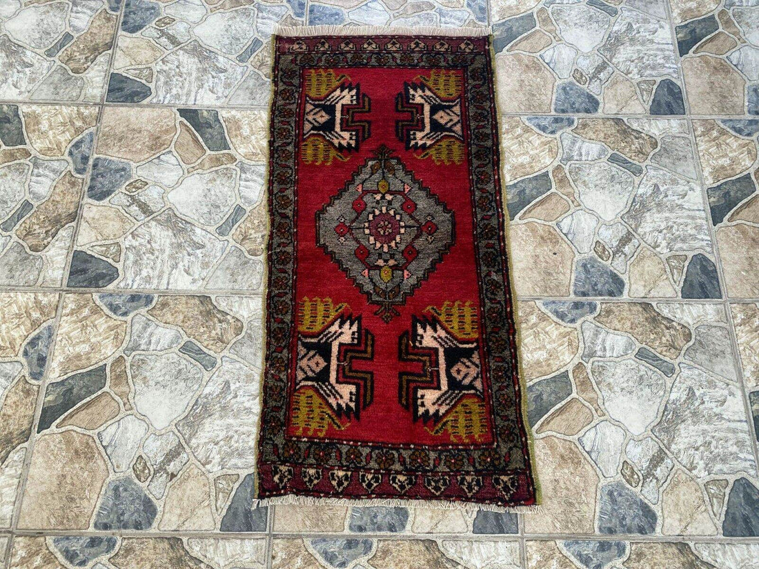 Vintage Rug | Antique Small Wool Farmhouse Anatolian Handmade Turkish 1.7x3.4ft
