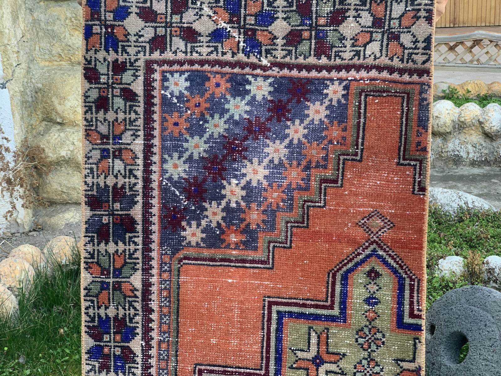 Turkish Vintage Oushak Rug, Wool Handmade Farmhouse Geometric Runner 2.5x8.2 ft