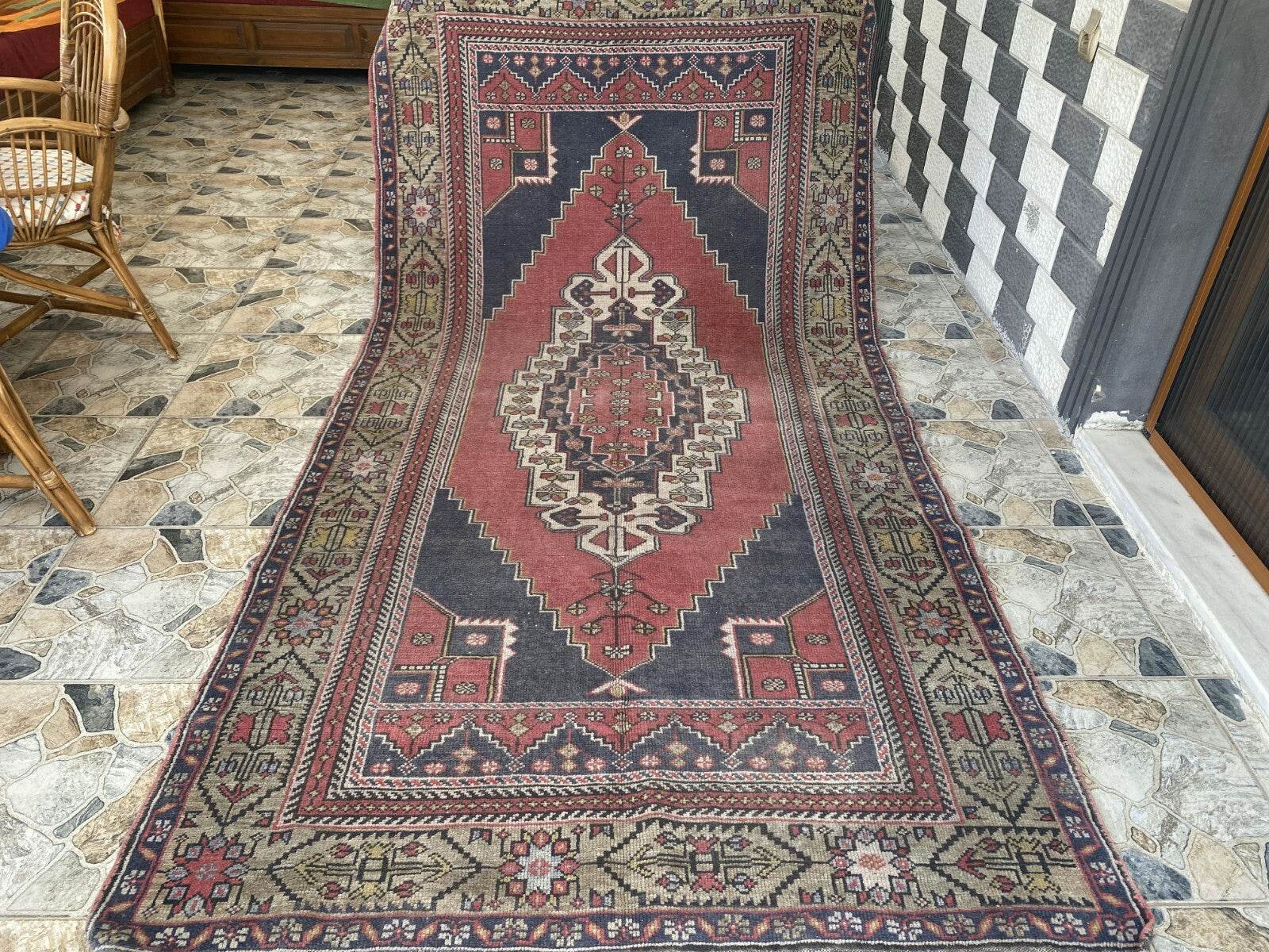 Vintage Turkish Oushak Rug, 5.0x9.7 ft Red Handmade Wool Antique Tribal Area Rug