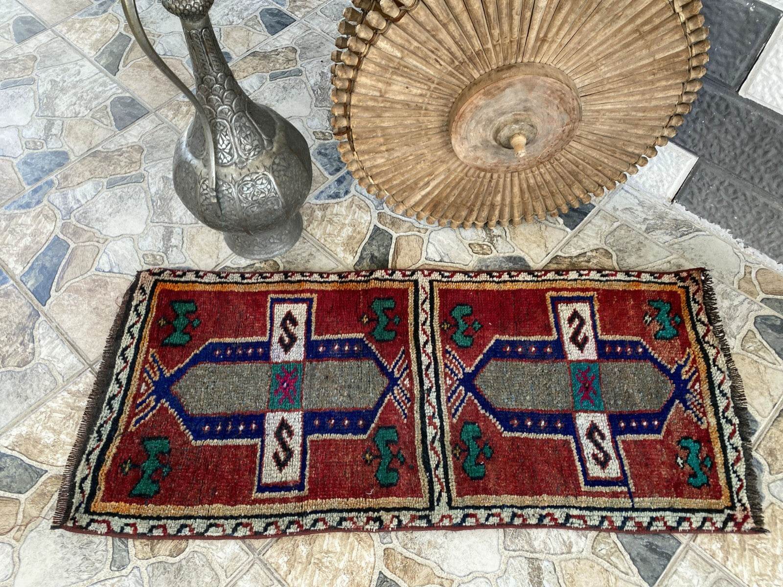 Vintage Turkish Tribal Rug | 1.6 x 3.4 ft | Handmade Wool Anatolian Small Carpet