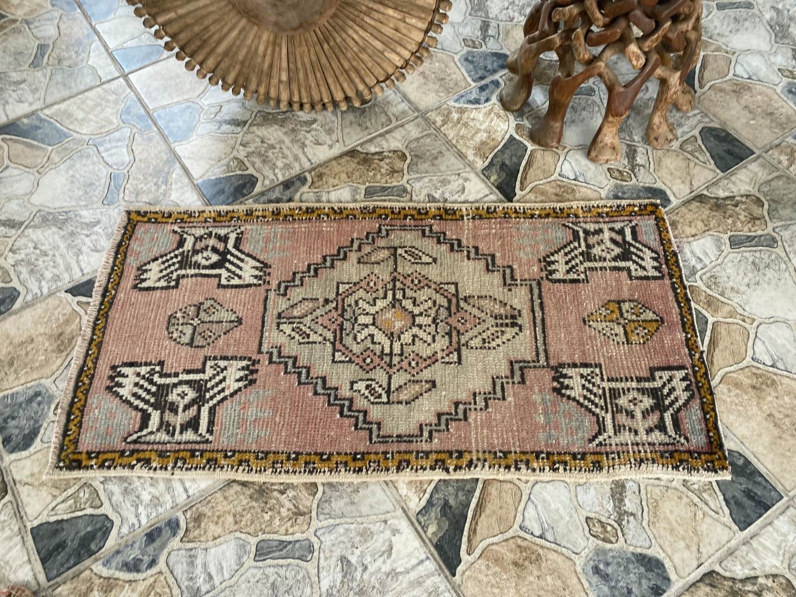 Vintage Anatolian Small Rug – 1.6 x 3.1 ft Turkish Hand-knotted Oushak Wool Rug