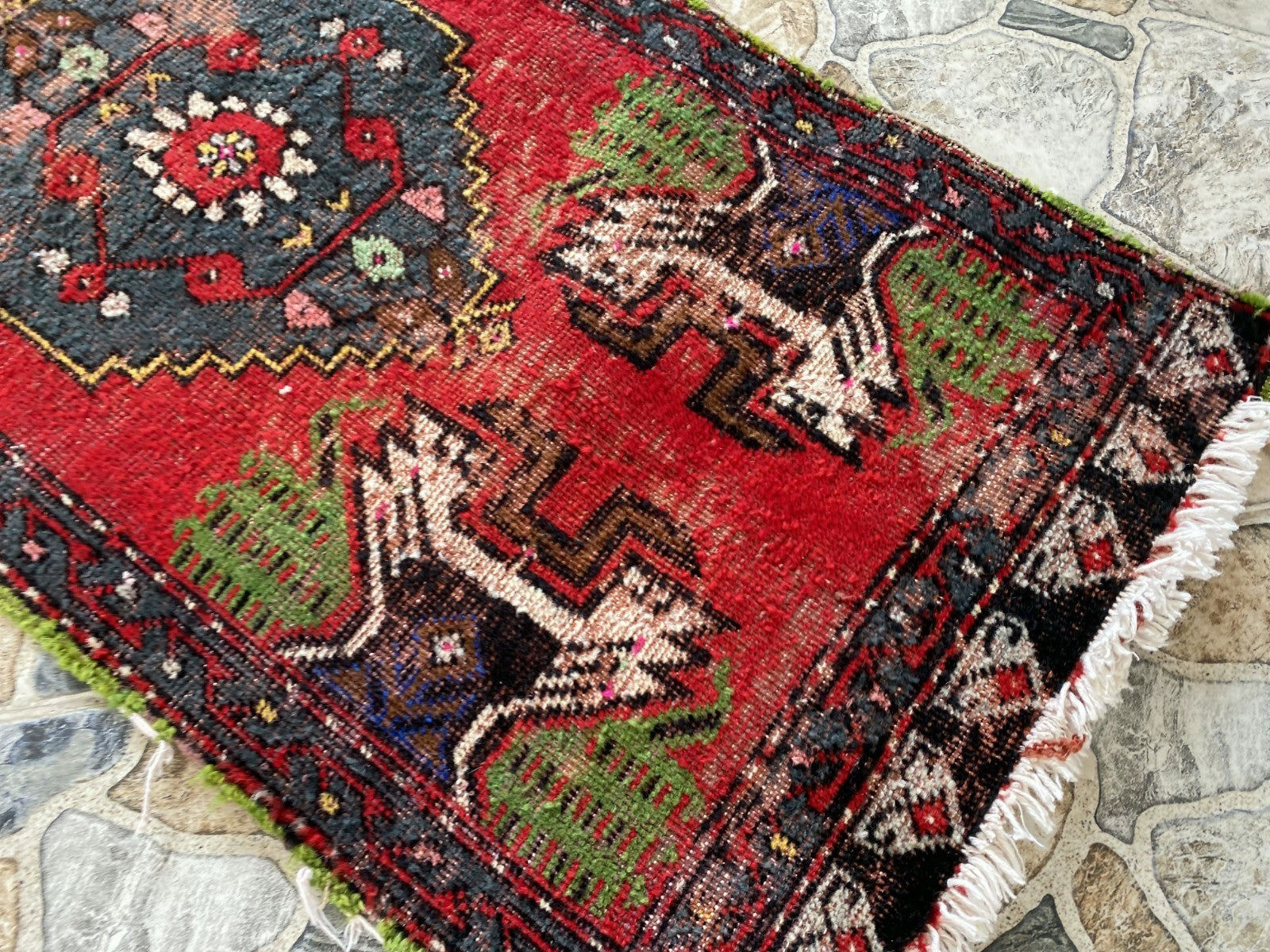 Vintage Turkish Small Rug | 1.6 x 3.3 ft Hand-Knotted Wool | Red Geometric Mat
