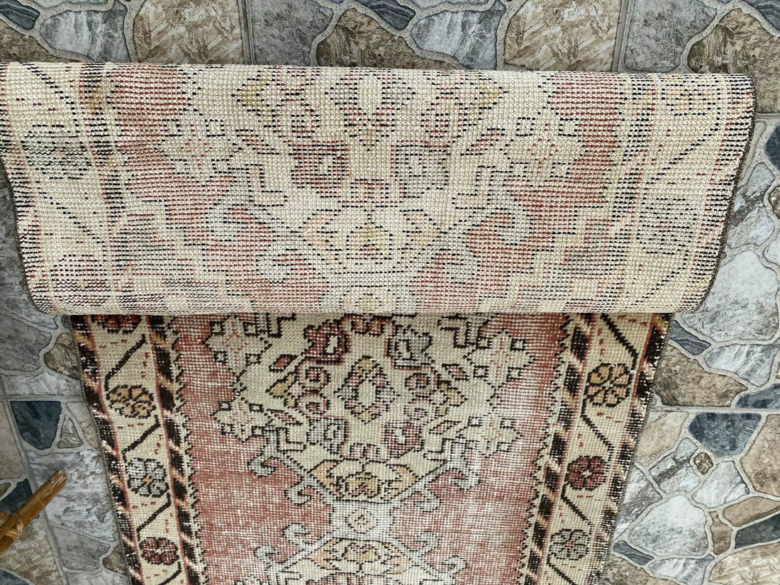 Vintage Turkish Wool Rug, Bohemian Geometric Farmhouse Handmade Runner Rug 3x9ft