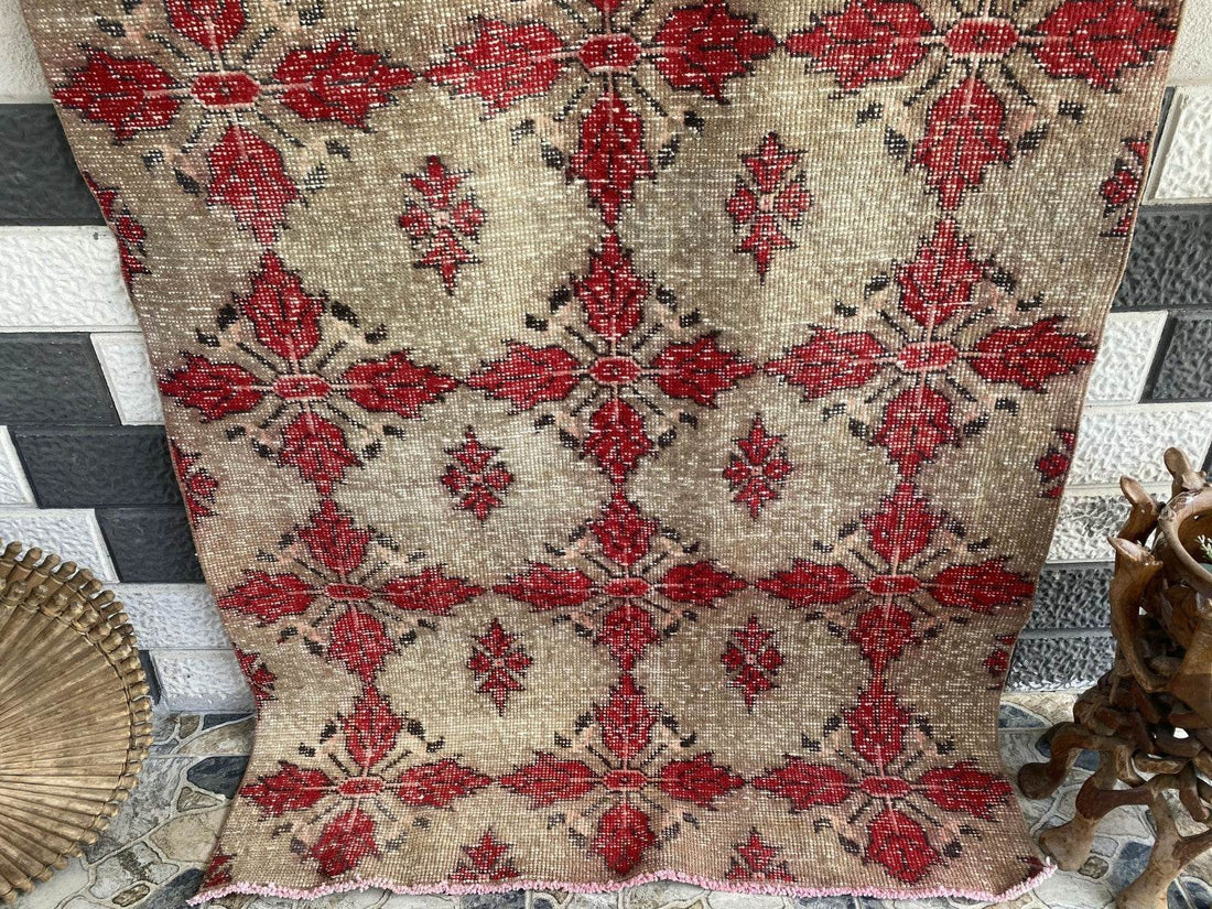 Vintage Turkish Area Rug 4x7 ft | Hand-Knotted Wool Carpet Bold Geometric Tribal