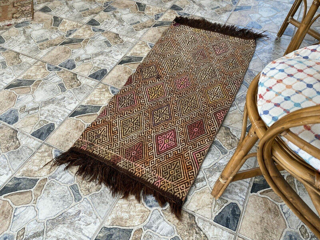 Vintage Turkish Oushak Rug, 1.8x3.7ft Red Handmade Wool Antique Tribal Small Rug