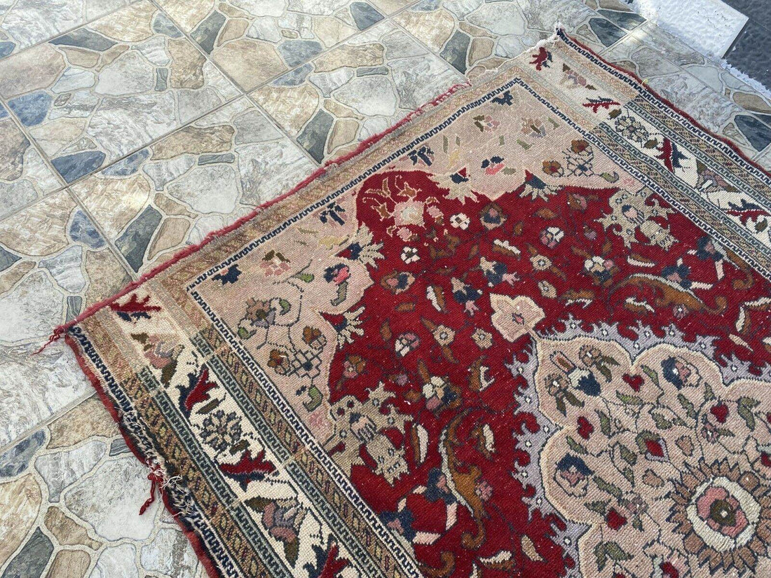 Vintage Turkish Wool Rug, Antique Red Hand-Knotted Oushak Anatolian 1970s 4x6