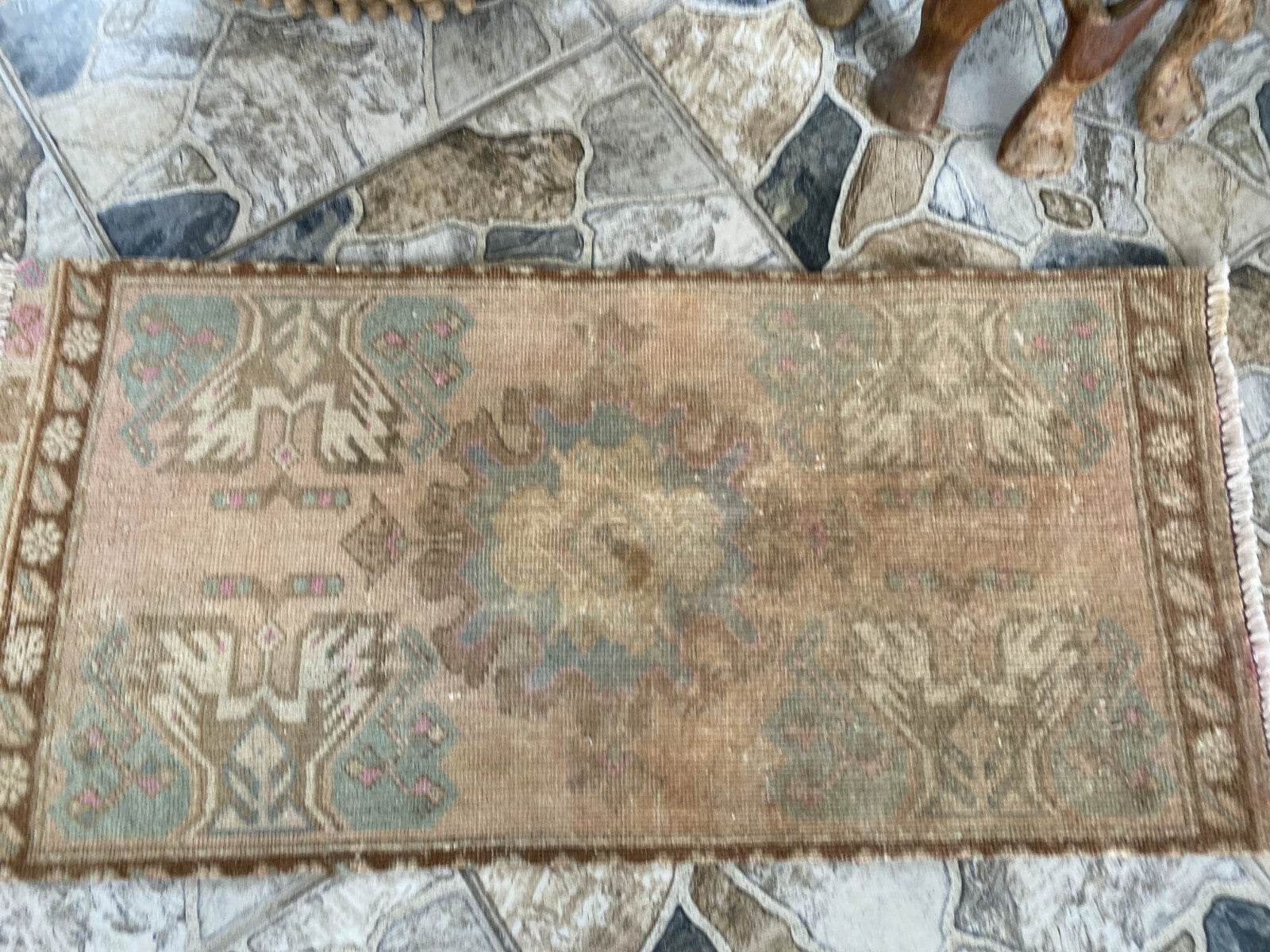 Distressed Vintage Turkish Rug Faded Pastel Wool Boho Accent Mat Runner 1x3 ft