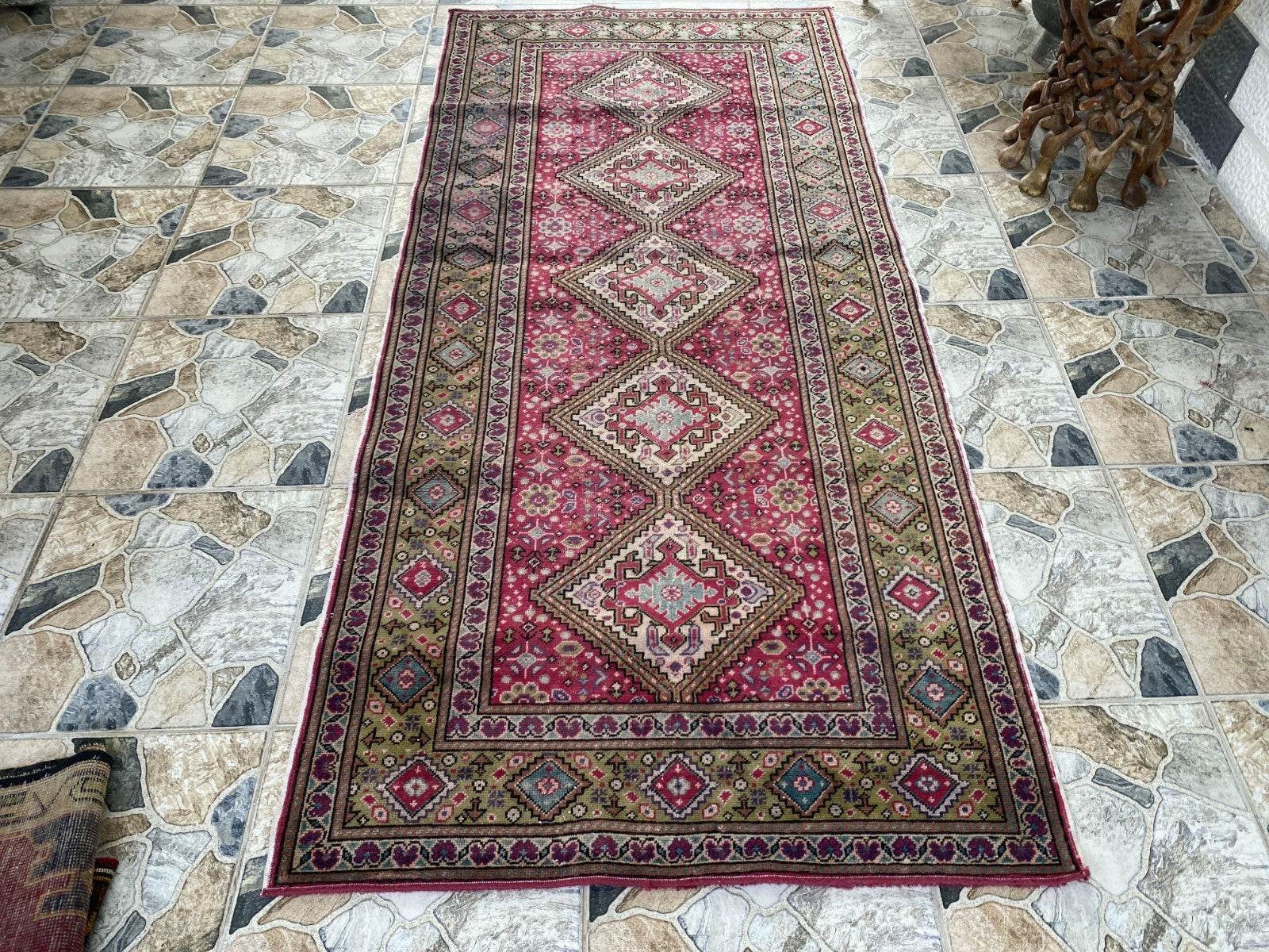 Vintage Turkish Rug 3.5 x 7.9 ft – Hand-Knotted Wool Rug, Area Anatolian Carpet