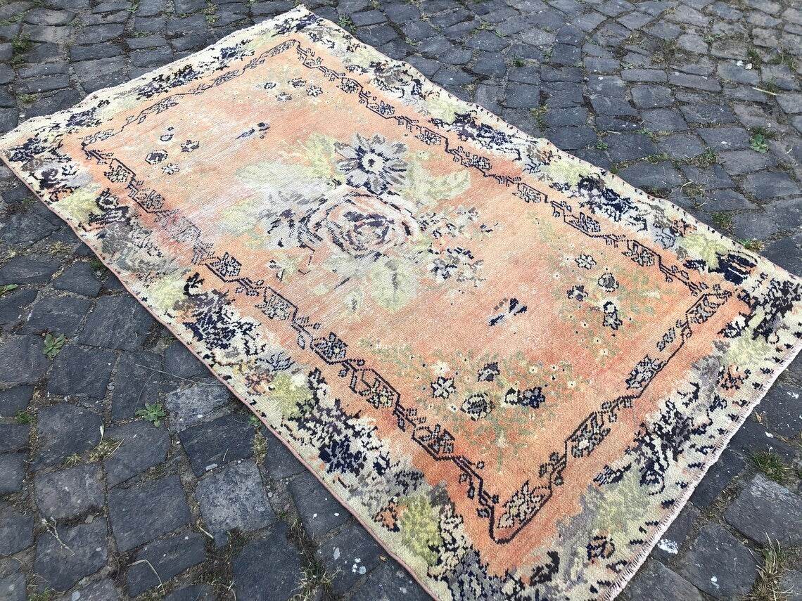 Vintage Oushak Farmhouse Rug, Handknotted Turkish Anatolian Wool Area Rug 3x5 ft