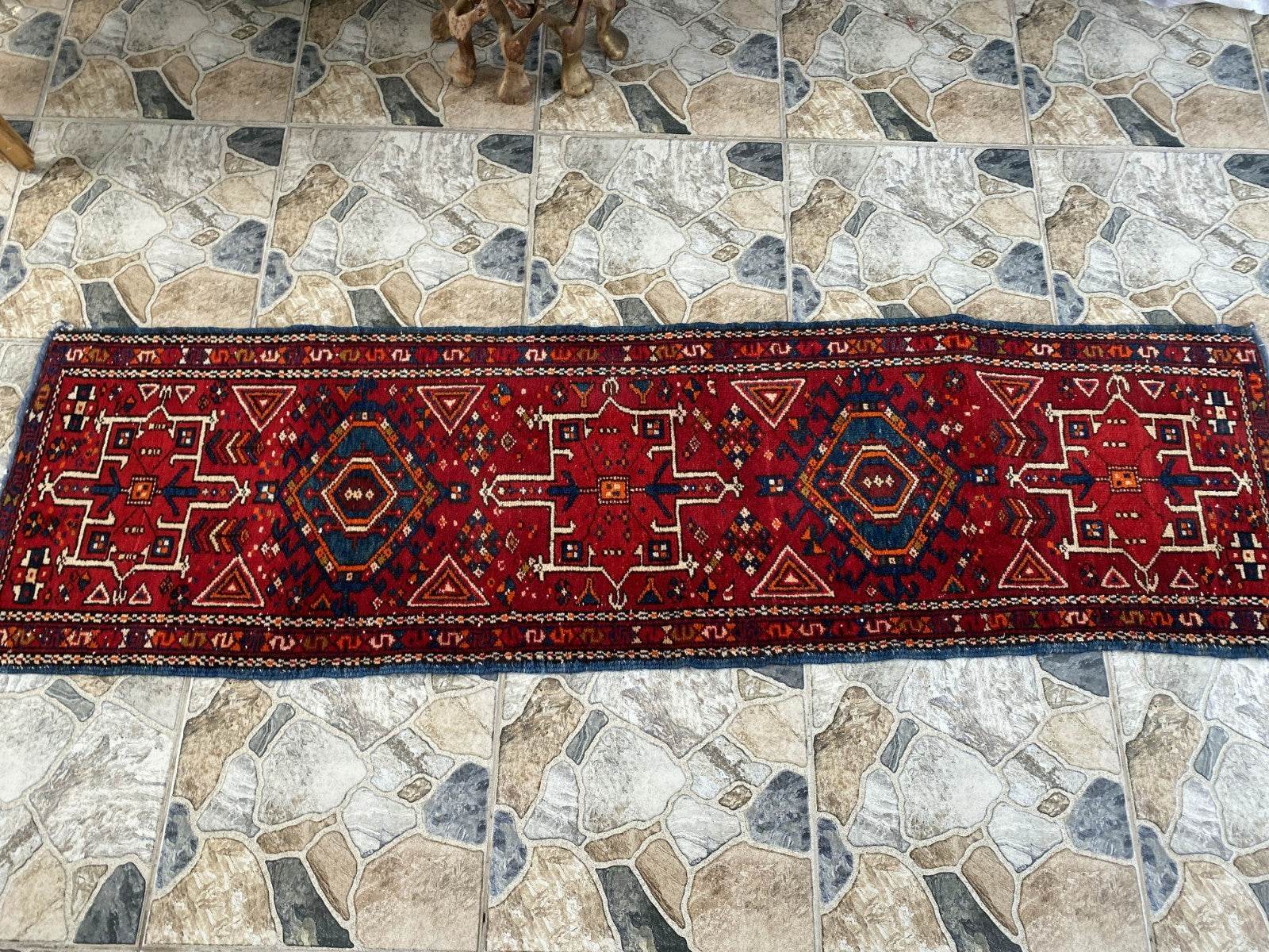 Vintage Persian Style Runner Rug | 1.8 x 6.6 ft Hand-Knotted Wool | Red & Blue Tribal
