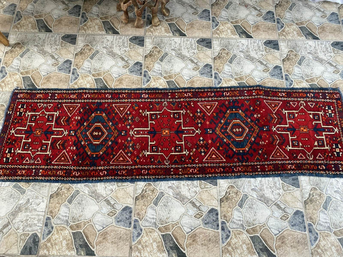 Vintage Persian Style Runner Rug | 1.8 x 6.6 ft Hand-Knotted Wool | Red & Blue Tribal