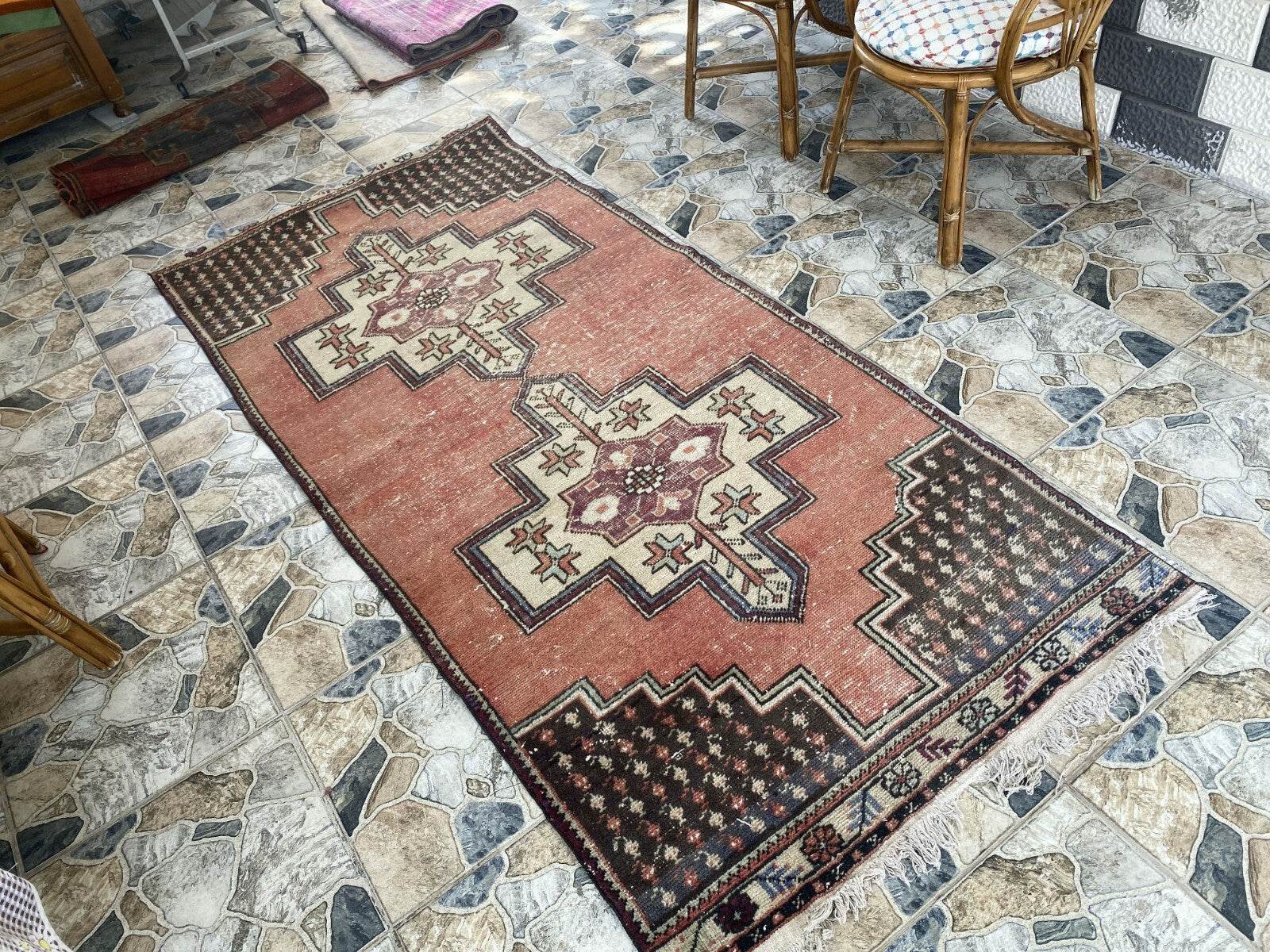 Geometric Turkish Vintage Rug,Farmhouse Vintage Anatolian Village Rug 3.6x7.8 ft