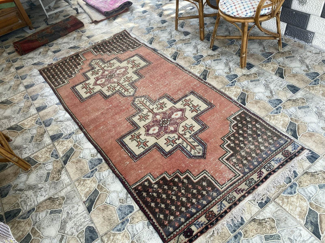 Geometric Turkish Vintage Rug,Farmhouse Vintage Anatolian Village Rug 3.6x7.8 ft