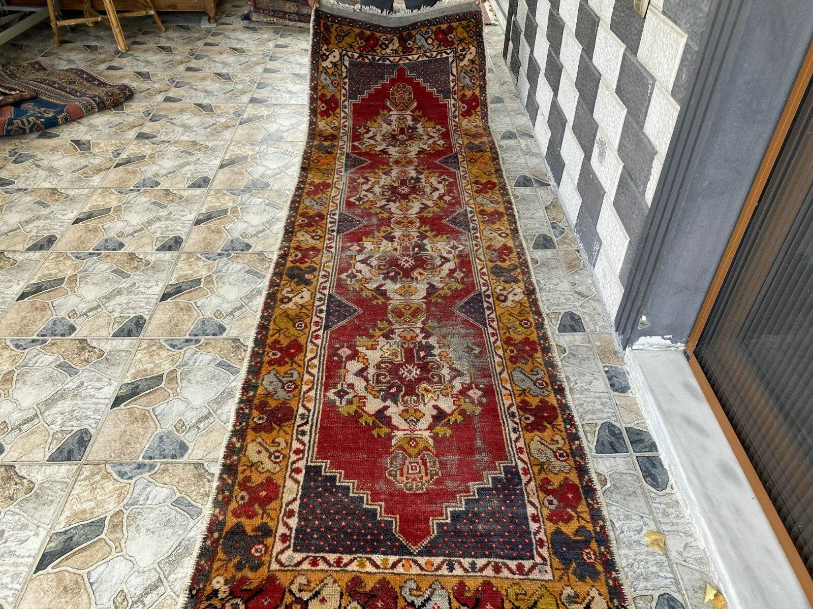 Vintage Turkish Wool Rug - Handmade Antique Red Oushak Kurdish Runner Rug 3x9 ft