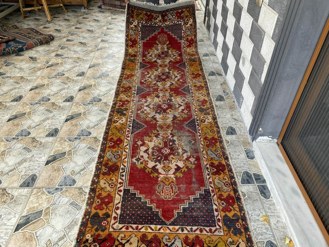 Vintage Turkish Wool Rug - Handmade Antique Red Oushak Kurdish Runner Rug 3x9 ft