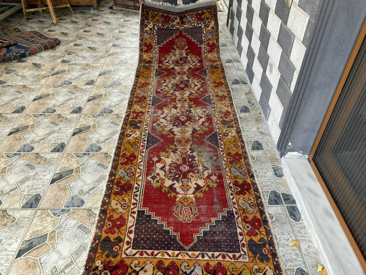 Vintage Turkish Wool Rug - Handmade Antique Red Oushak Kurdish Runner Rug 3x9 ft