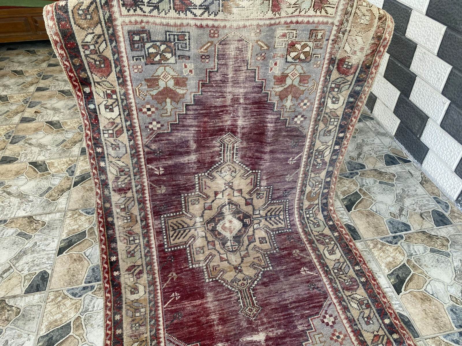 Turkish Vintage Rug Oushak Wool Geometric Handmade Antique Farmhouse 3.8x8 ft