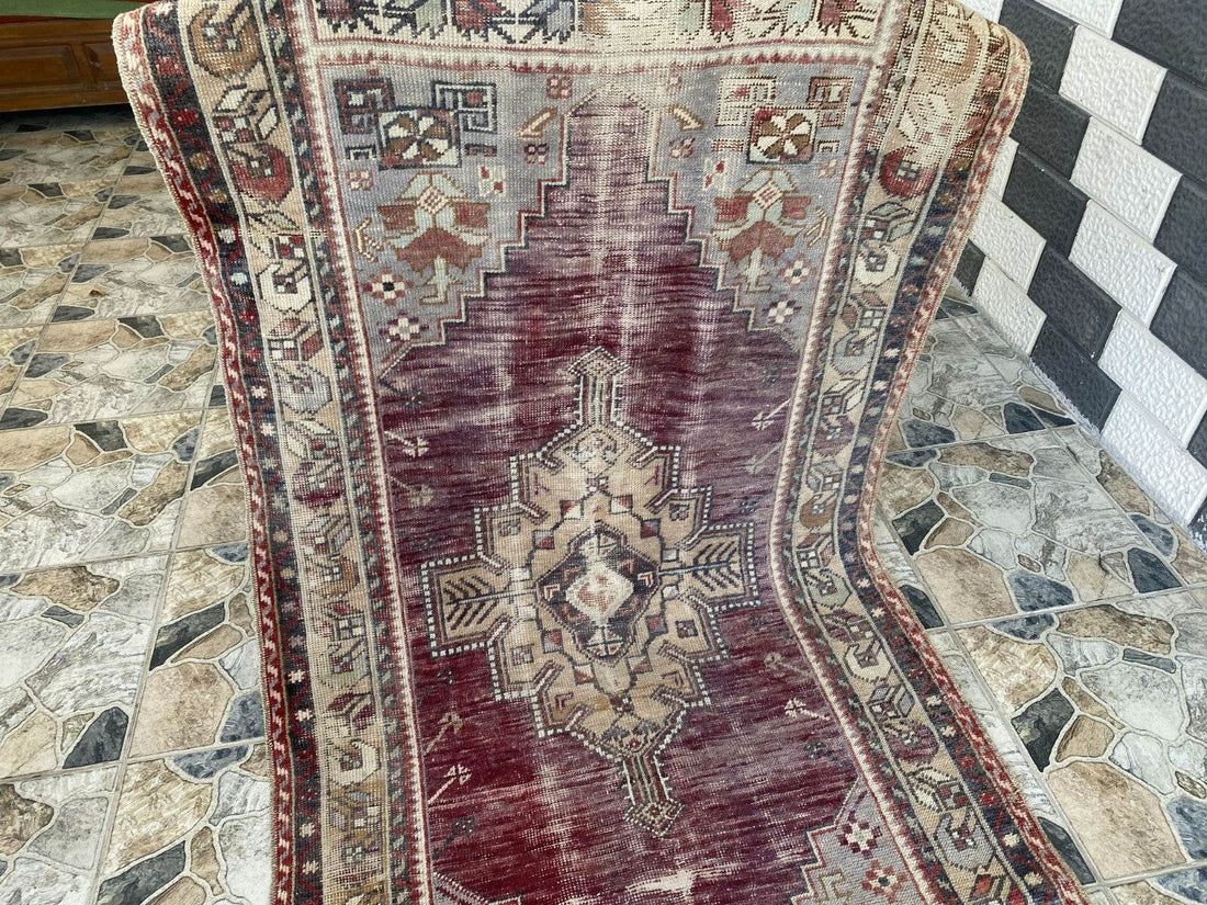 Turkish Vintage Rug Oushak Wool Geometric Handmade Antique Farmhouse 3.8x8 ft