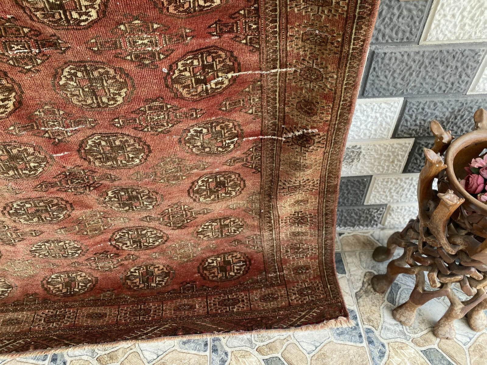 VINTAGE RUG HAND-KNOTTED Afghan Style BUKHARA handmade wool RED antique farmhouse rug