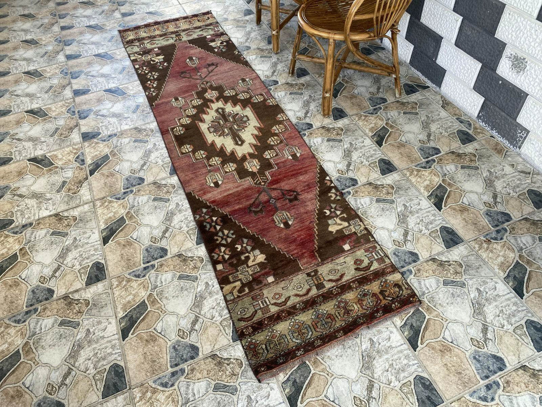 Vintage Rug | Farmhouse Antique Wool Anatolian Runner Handmade Turkish 2.1x8.6ft