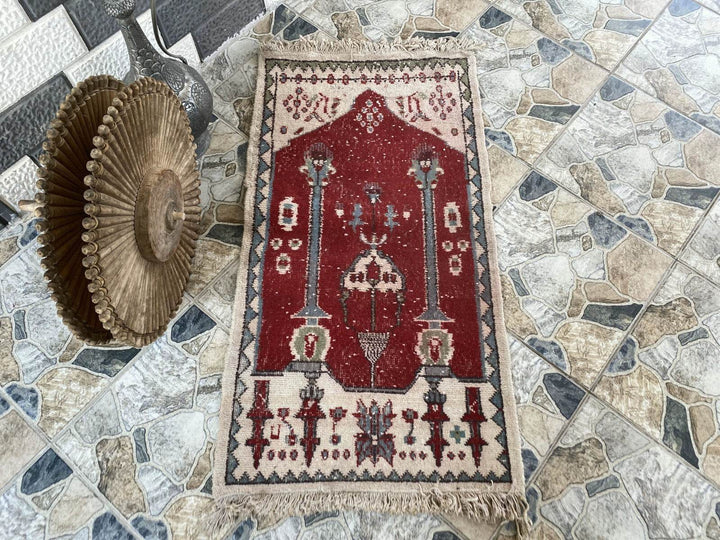 Vintage Turkish Small Prayer Rug | 2.26 x 4.10 ft | 1970s Hand-Knotted Wool Rug