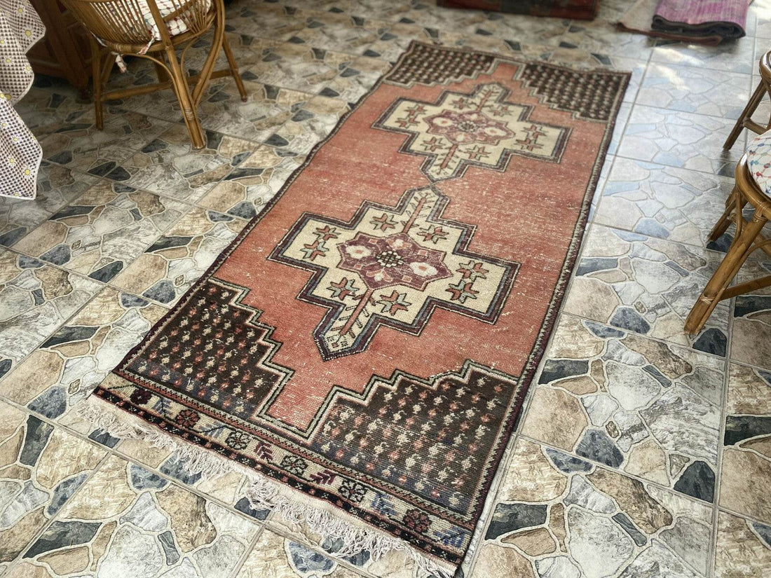 Geometric Turkish Vintage Rug,Farmhouse Vintage Anatolian Village Rug 3.6x7.8 ft