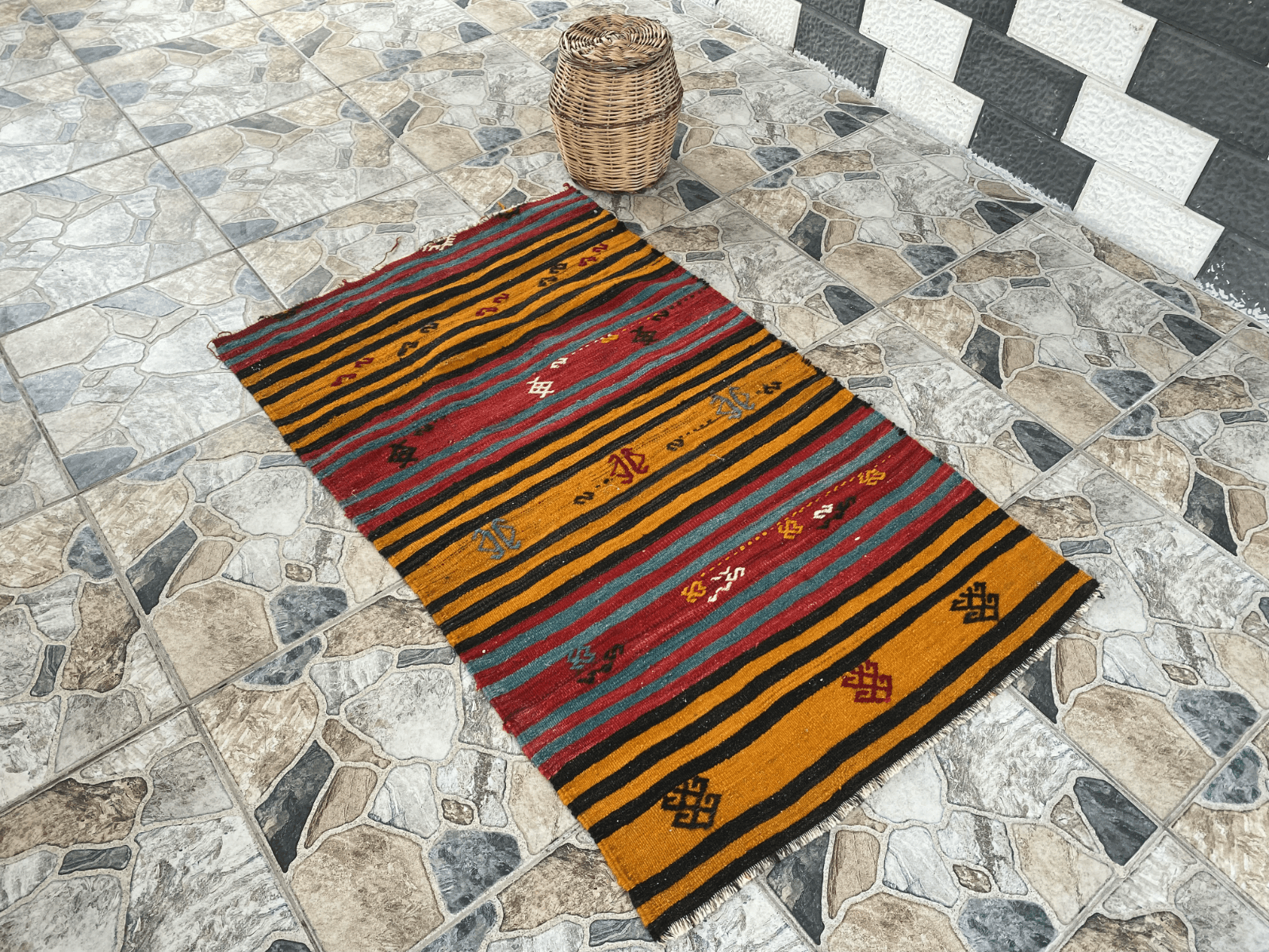 Vintage Turkish Kilim Rug | Handmade Tribal Wool Rug | Small 2x4 ft | Farmhouse