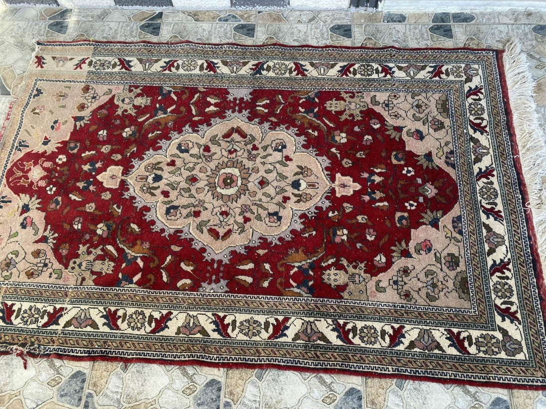 Vintage Turkish Wool Rug, Antique Red Hand-Knotted Oushak Anatolian 1970s 4x6