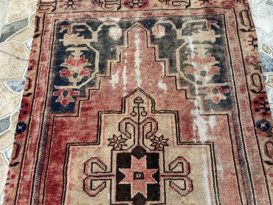 Vintage Anatolian Area Rug | 3.0x6.7 ft Hand-Knotted Wool Faded Rustic Geometric