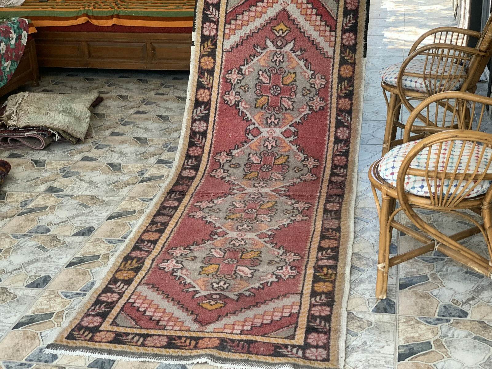 Vintage Turkish Rug | Tribal Handmade Wool Farmhouse Antique Carpet 3.2x 9.1 ft