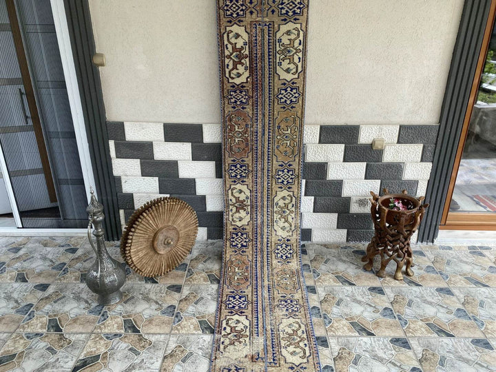 Vintage Turkish Patchwork Runner Rug – Handmade Long Anatolian Wool Carpet 2x10